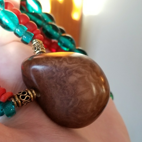 Relisted - Boho Nut Bead necklace teal orange statement - Picture 6 of 8